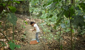 niña barriendo el bosque